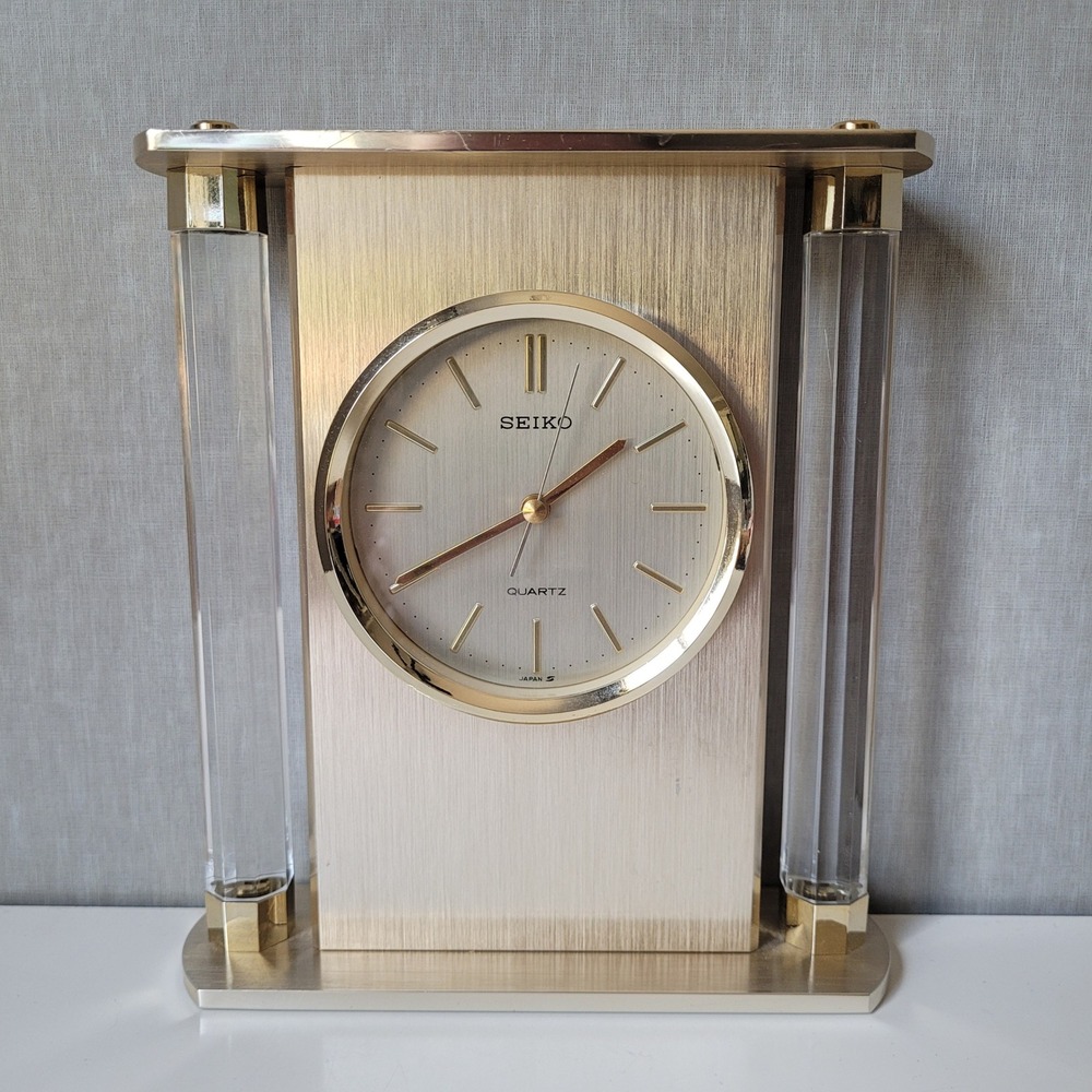 Vintage Seiko Quartz Desk Clock Lucite Pillars Gold Tone Mantel Clock MCM Japan